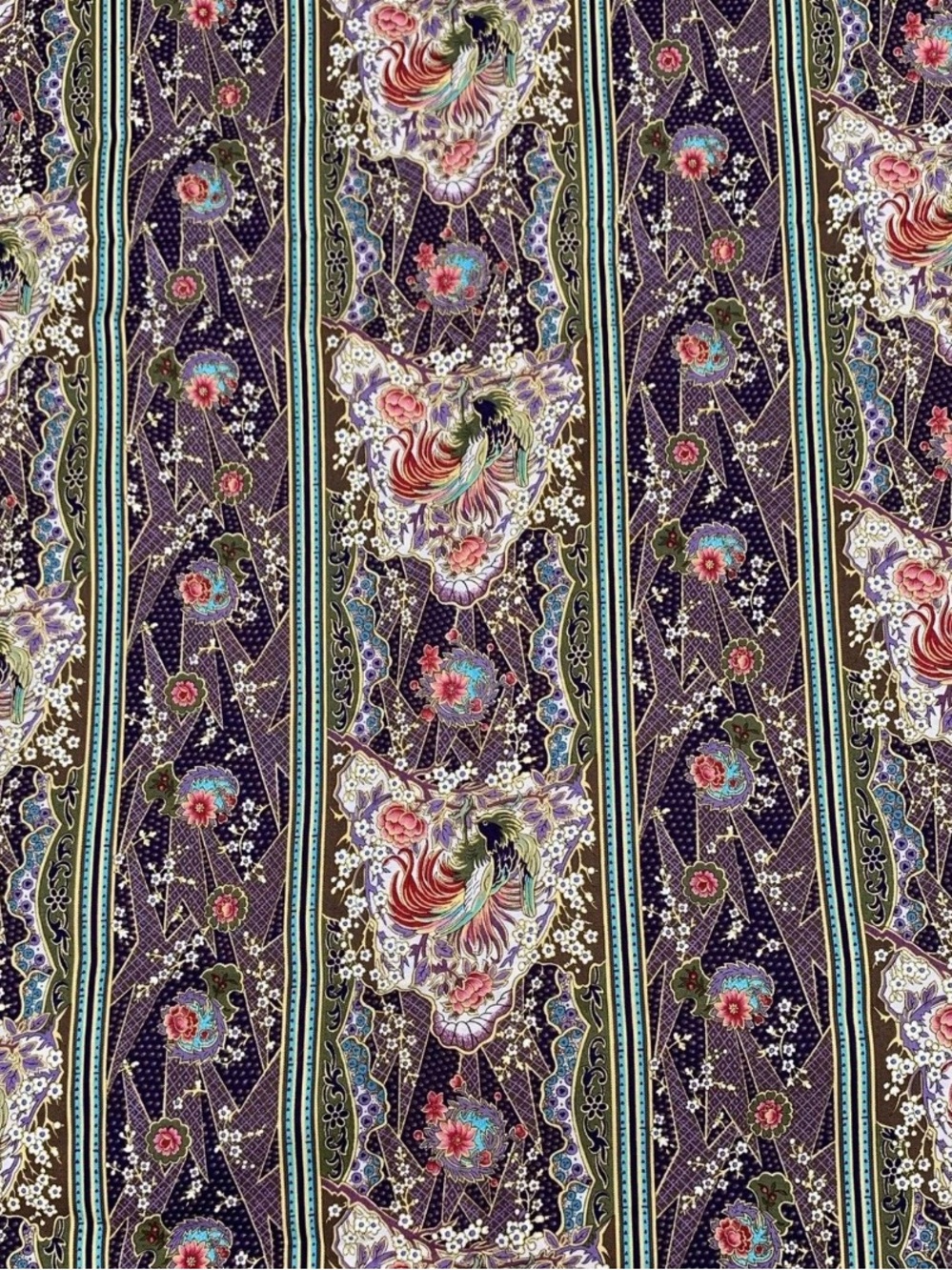 Free Spirit Fabric Dynasty Multicolor Boho Asian Floral Stripe Print Purple 112"